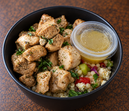 Bol de poulet grillé au couscous perlé à la grecque