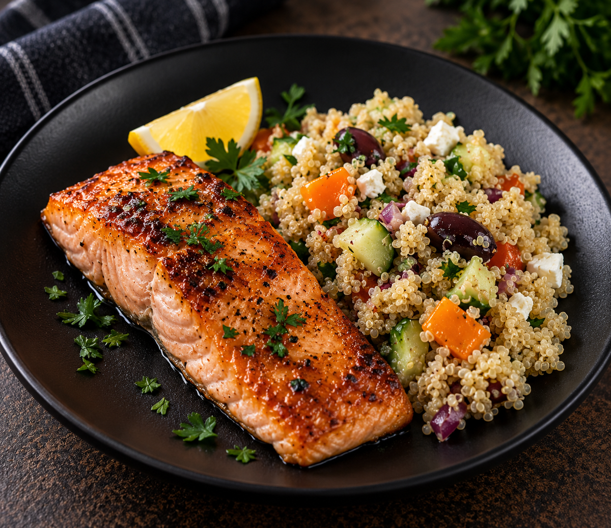 Saumon Grillé et Salade de Quinoa à la Grecque